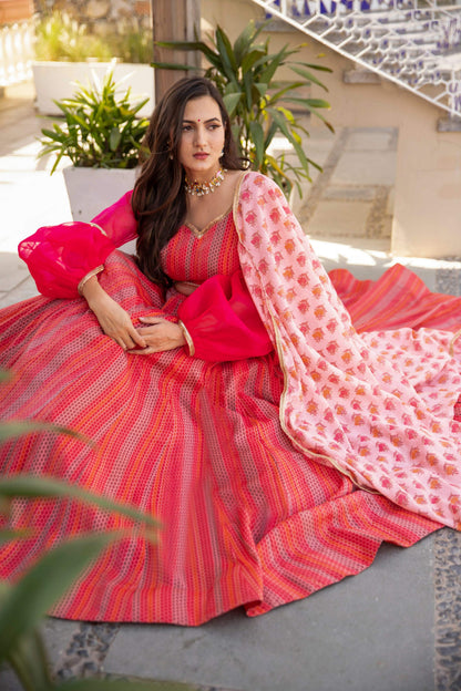 Wedding Designer Red Pink Chanderi Designer Lehenga - Anbazaar