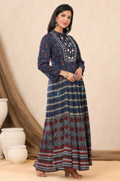 Juniper Womens Indigo Rayon Multicolor Printed Maxi Dress With Yoke Mirror Embroidery