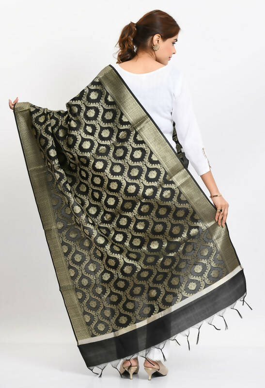 Mominos Fashion Moeza Women's Banarsi Silk All Over Woven Design Black Dupatta