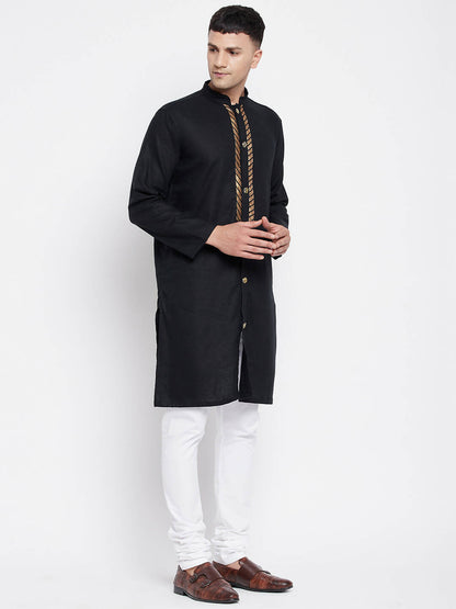 Even Apparels Black Linen Men's Sherwani Kurta With Decorative Placket