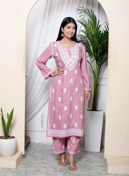 Miravan Women's Chikankari Embroidery Pink Straight Kurta & Palazzo Set