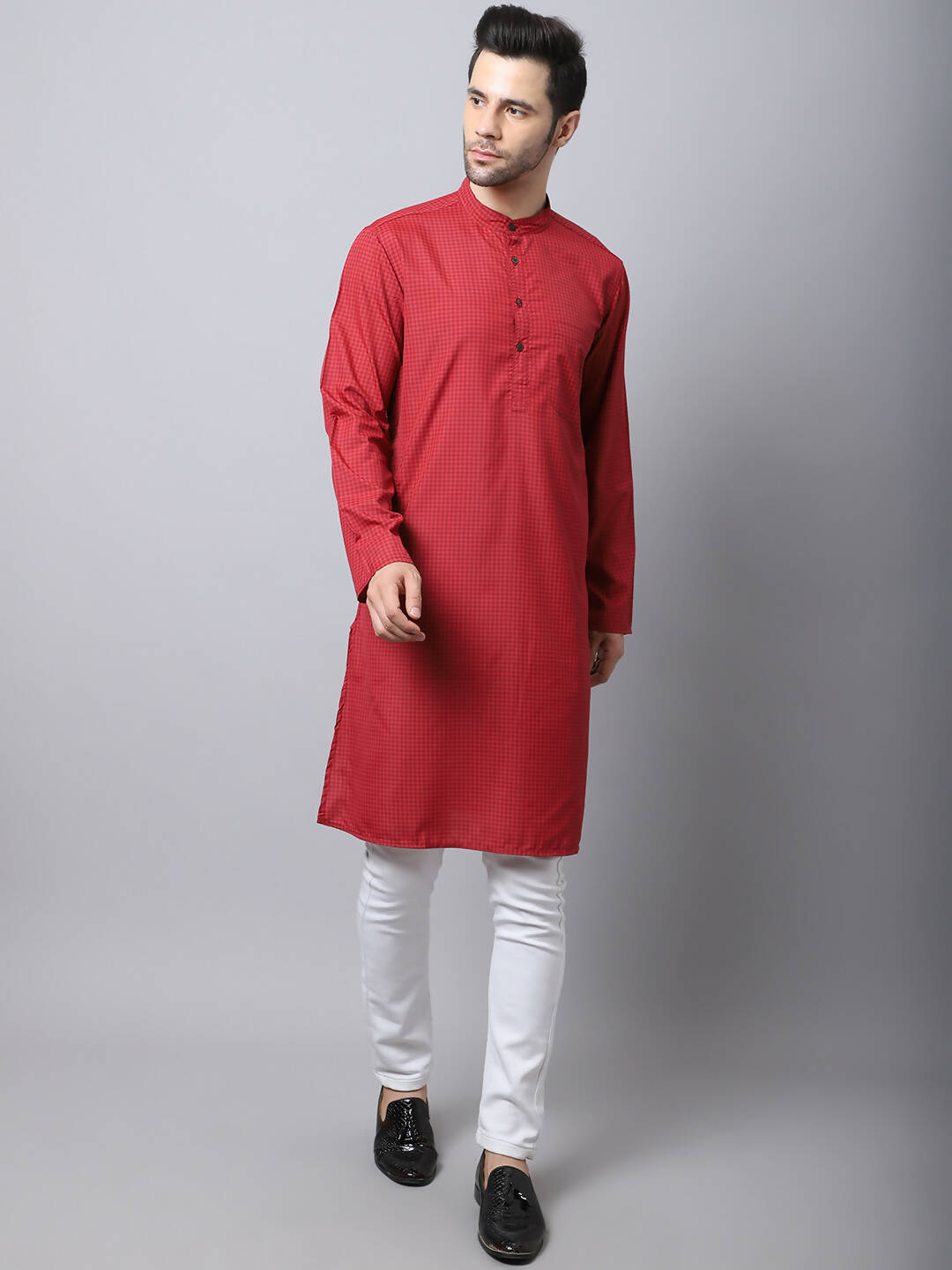 Even Apparels Maroon Cotton Checked Men's Kurta With Band Collar