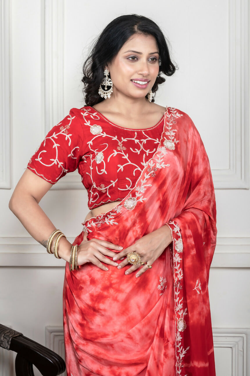 Morchari Red Crepe Hand Embroidery Saree And Stitched Blouse
