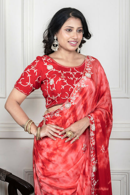 Morchari Red Crepe Hand Embroidery Saree And Stitched Blouse