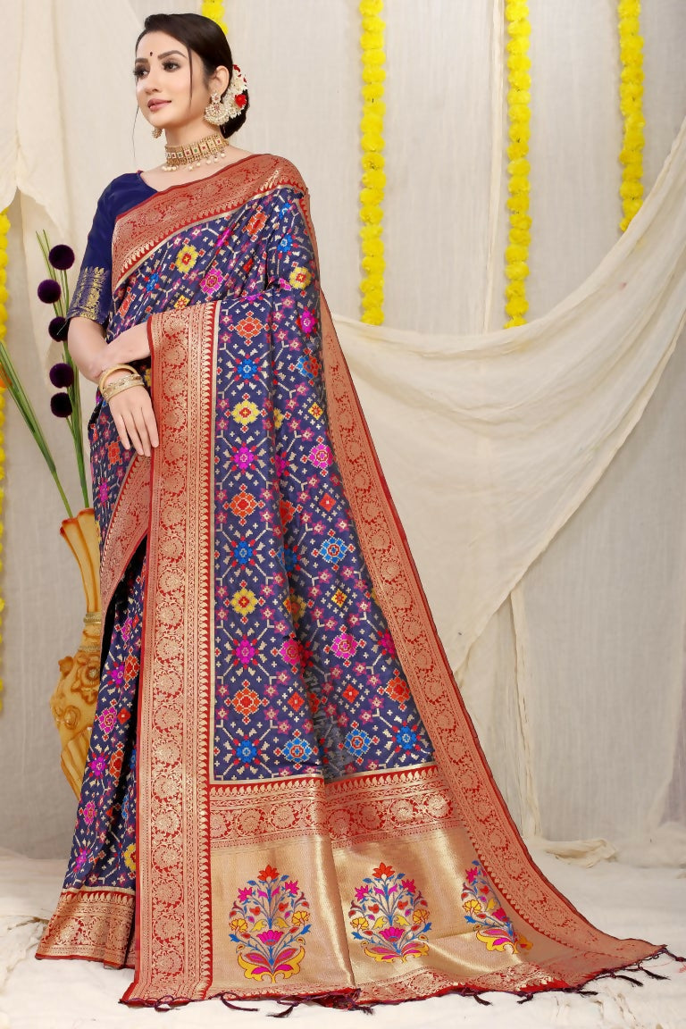 Jyoti Fashion Women's Navy Blue Patola Silk Zari Woven Saree with Blouse