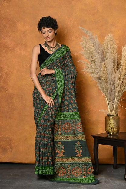 Very Much Indian Handblock Printed Cotton Saree With Natural Dyes - Green