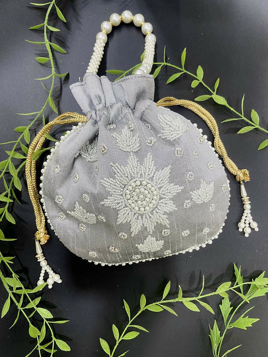 Joban Fashion Pearl Hand Work Potli Bag - Grey