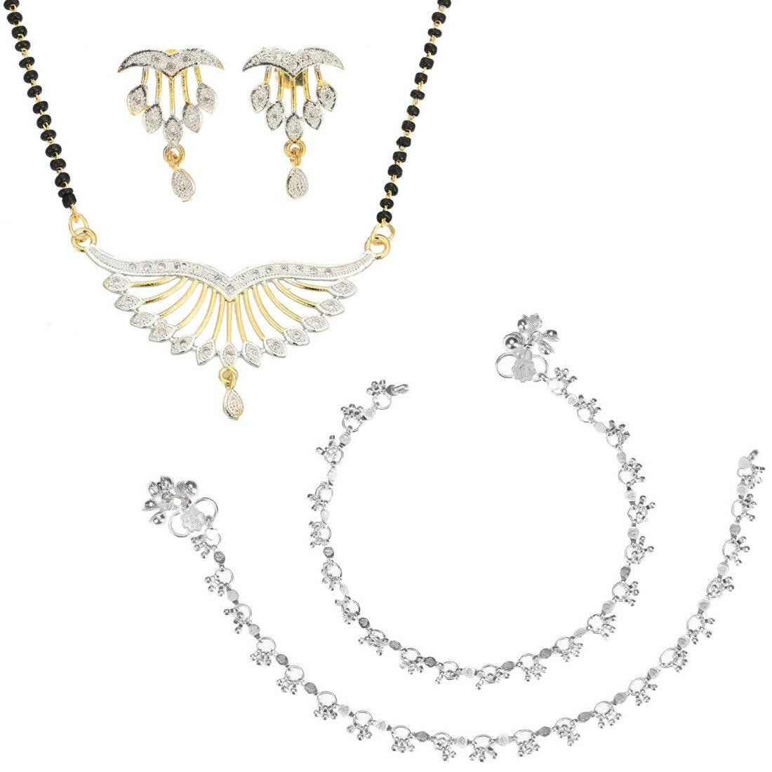 AanyaCentric Gold-Polished Mangalsutra Pendant Earring Set & Silver Plated Anklet