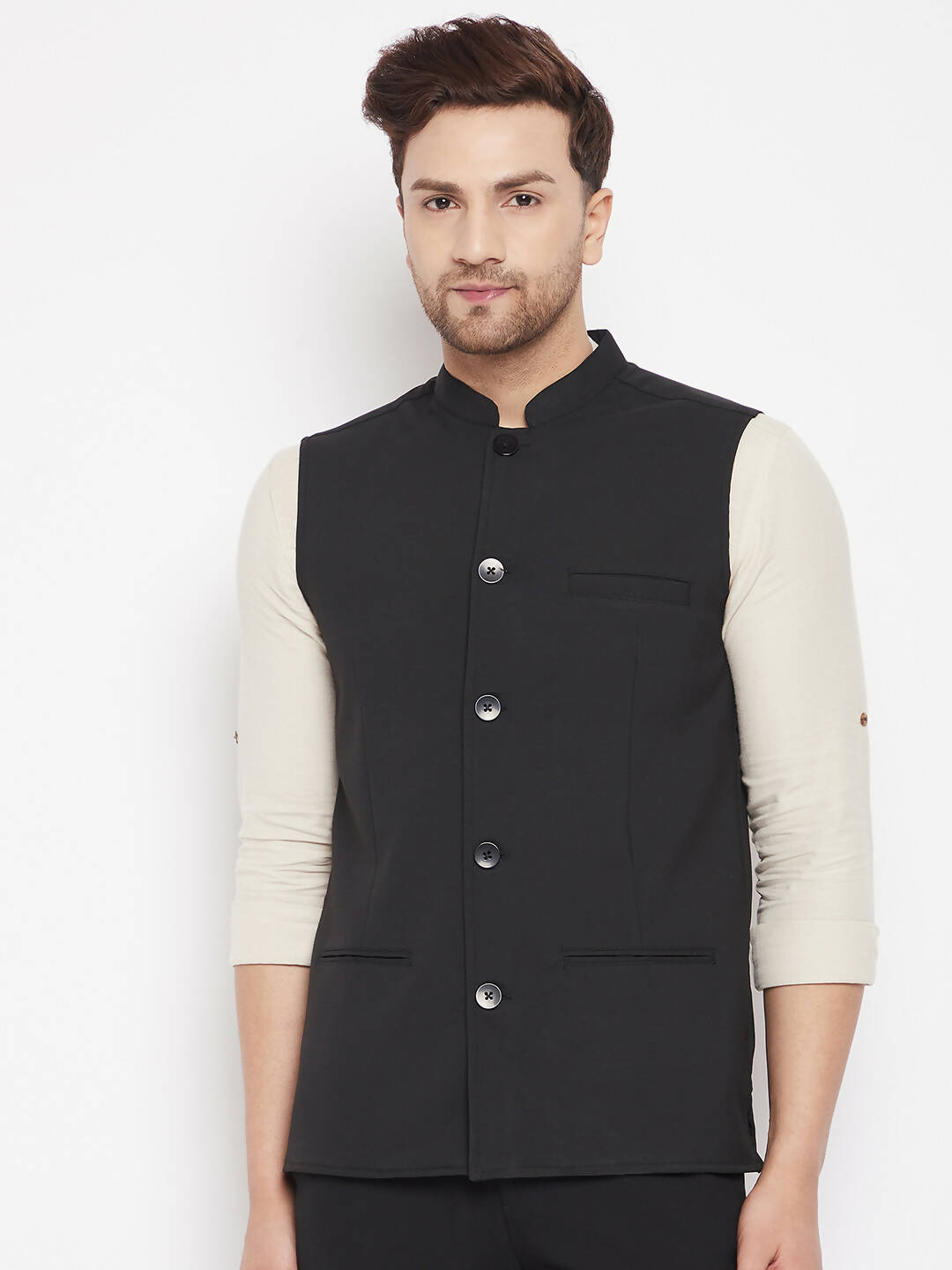 Even Apparels Black Merino Men Woven Nehru Jacket PW668