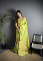 Joban Fashion Light Green Banarasi Soft Lichi Silk Checks & Woven Saree