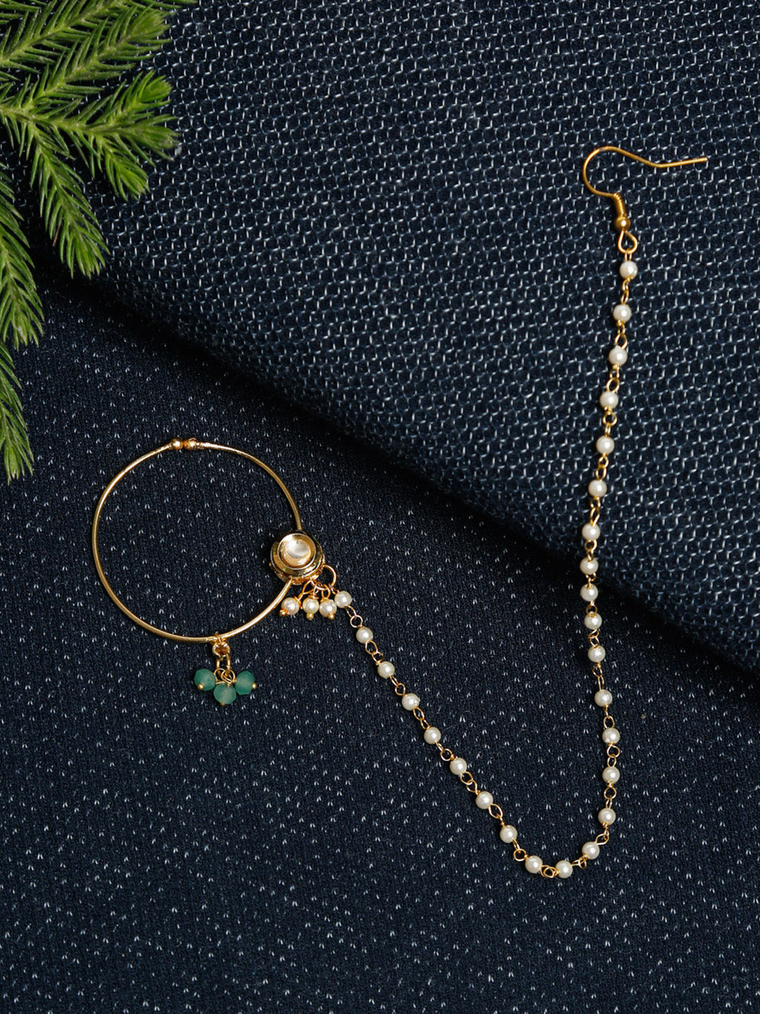 Gold-Polished Kundan Nose Ring - Ruby Raang