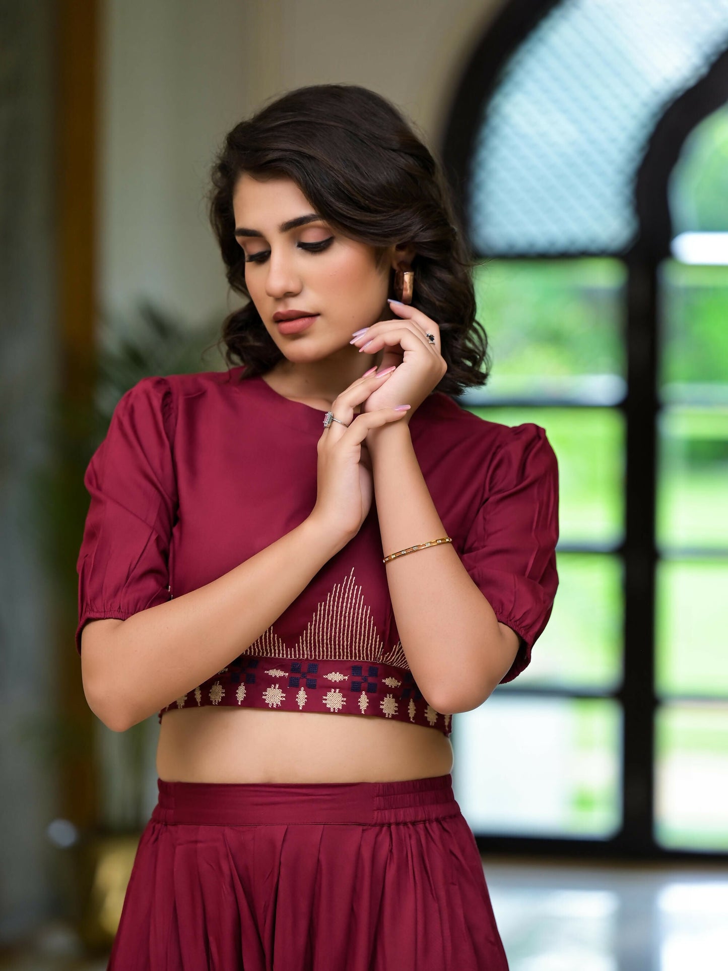 Juniper Women's Rust Thread Embroidered Rayon Top & Dhoti Pant Set