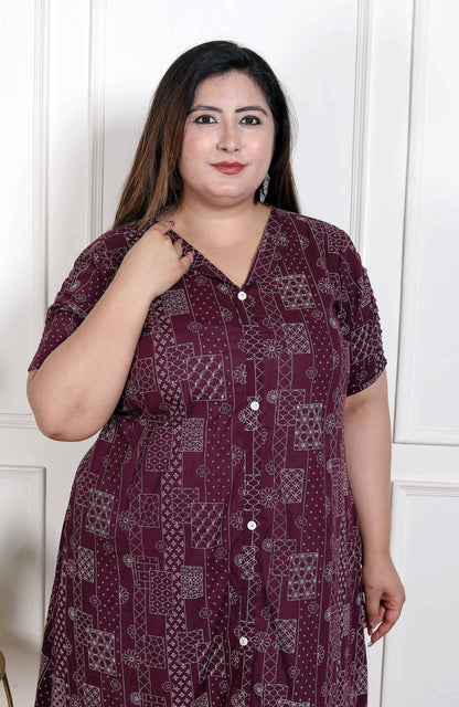 Miravan Women's Plus Size Wine Mandarin Neck Floral Printed A-Line Party wear Kurta