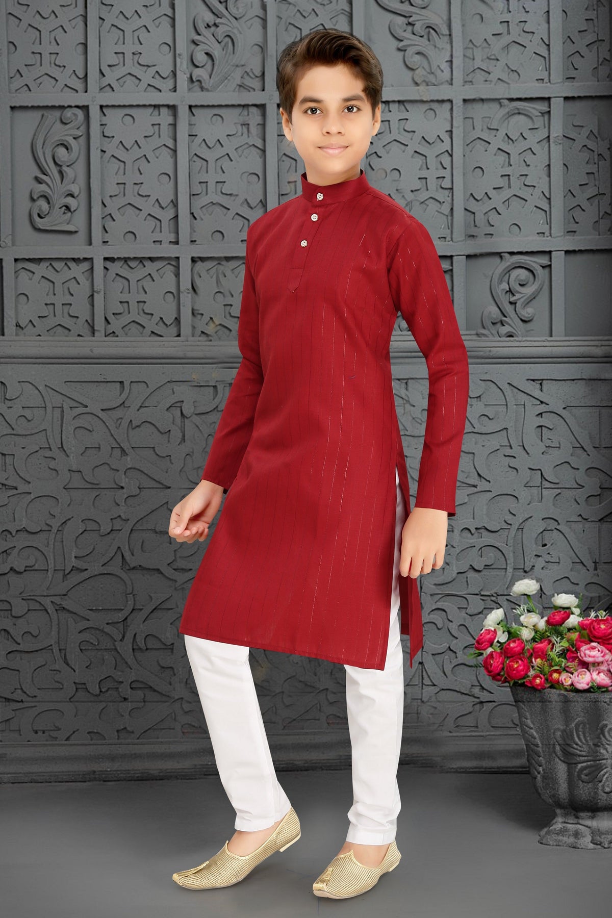 Neera Trendz Red Cotton Blend Lining Work Kid's Kurta With Pyjama