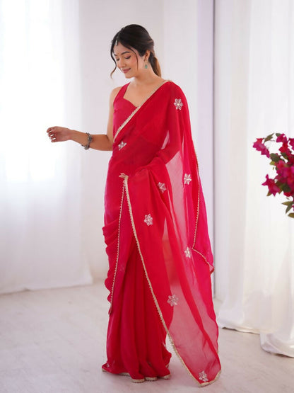 Red Fendy Designer Beads Moti,Val Sequence Work Saree - Siara
