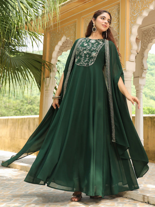 Janasya Dark Green Georgette Embroidered Dress & Jacket