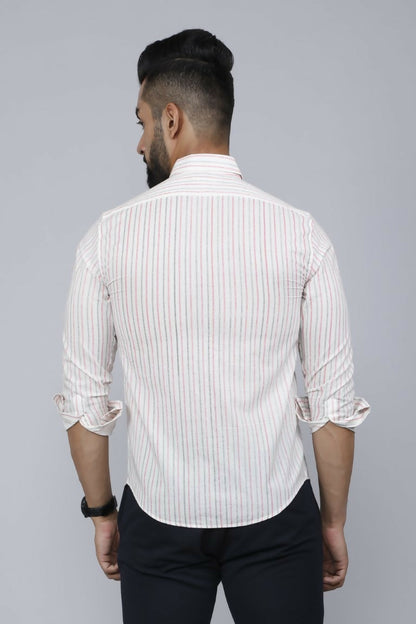 Miravan Men's White Spread Collar Striped Print Casual Shirt