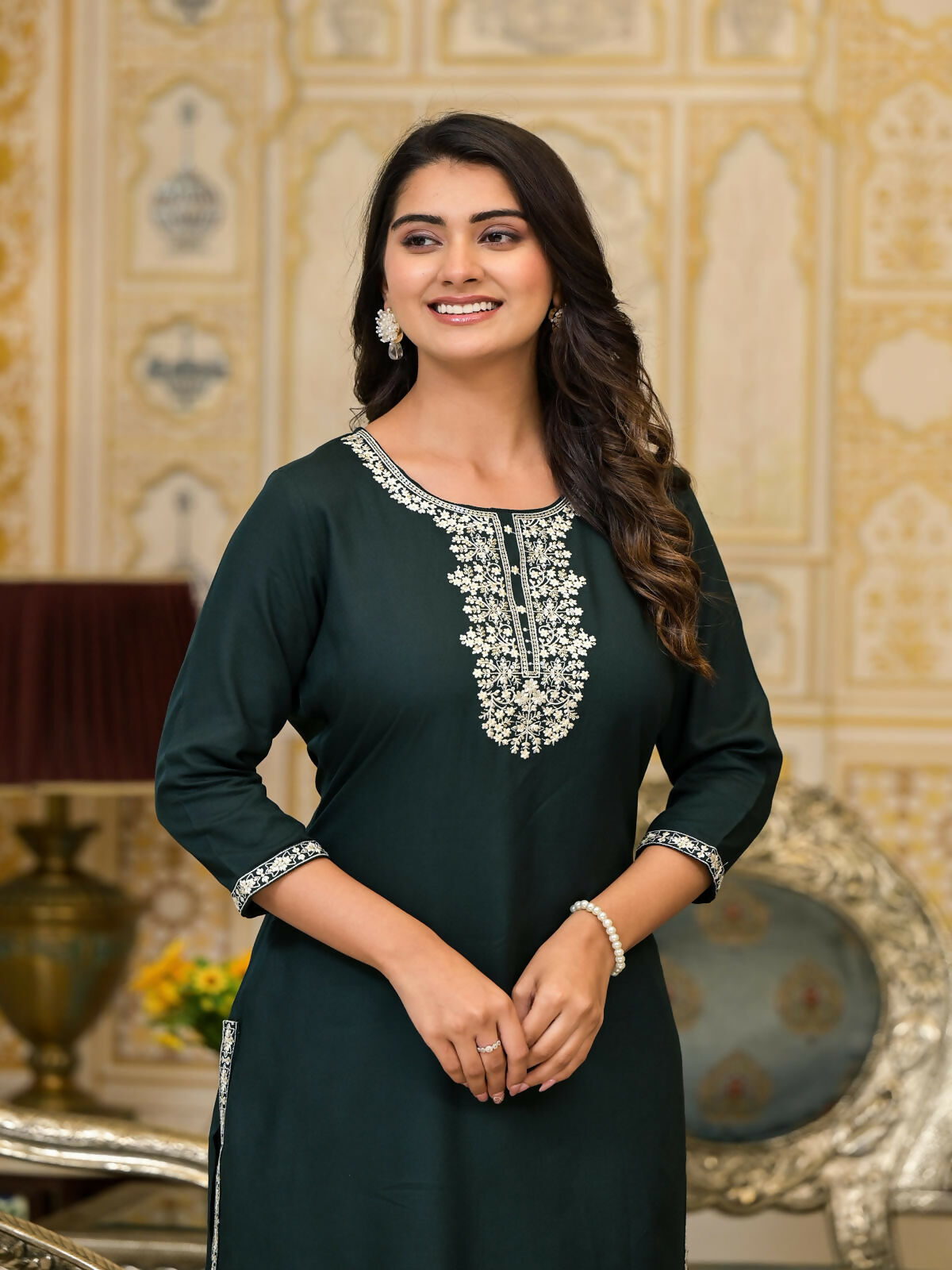Juniper Women's Sea Green Ethnic Motif Printed Santoon Dress With Sequins & Thread Work