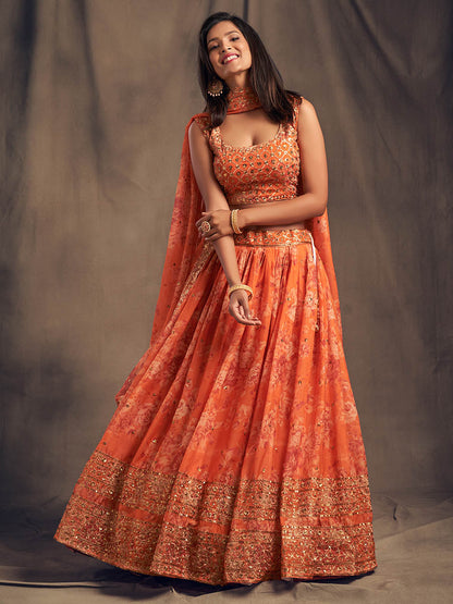 Myra Orange Organza Silk Embroidered Lehenga