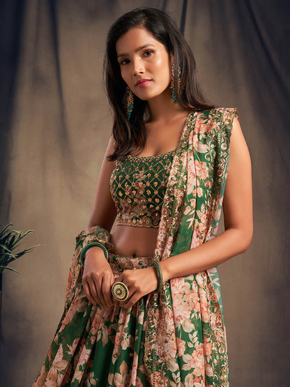 Myra Green Organza Silk Embroidered Lehenga