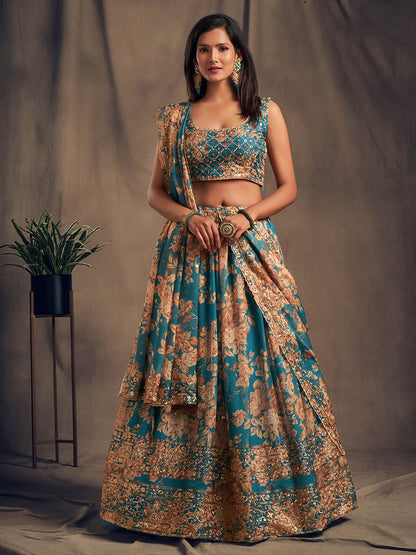 Myra Teal Blue Organza Silk Embroidered Lehenga