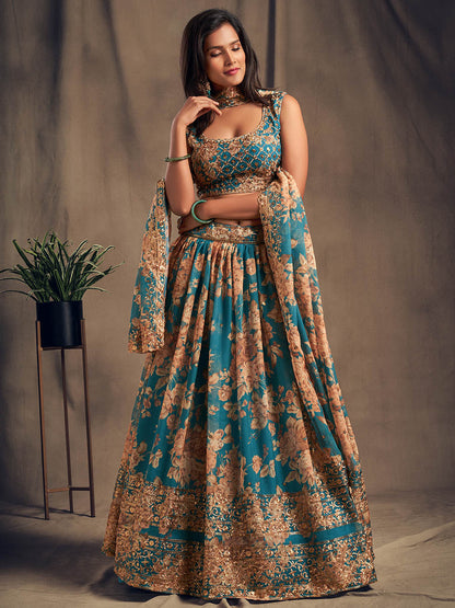 Myra Teal Blue Organza Silk Embroidered Lehenga