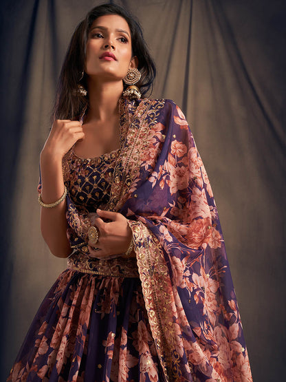 Myra Purple Organza Silk Embroidered Lehenga