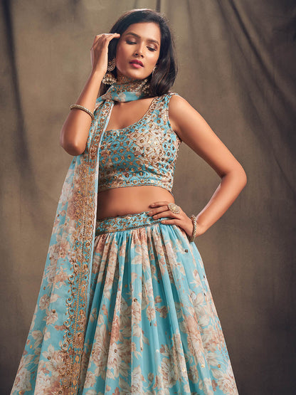 Myra Sky Blue Organza Silk Embroidered Lehenga