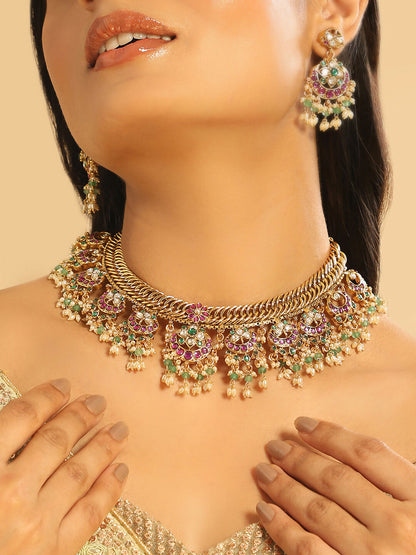 Nuyug 18K Gold Plated Estele Gold Tone Beaded Necklace Set