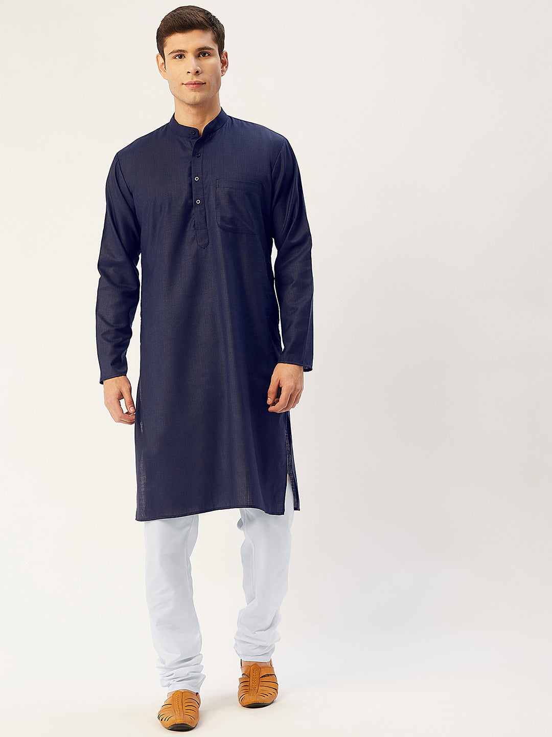Jompers Men's Navy Cotton Solid Kurta Only