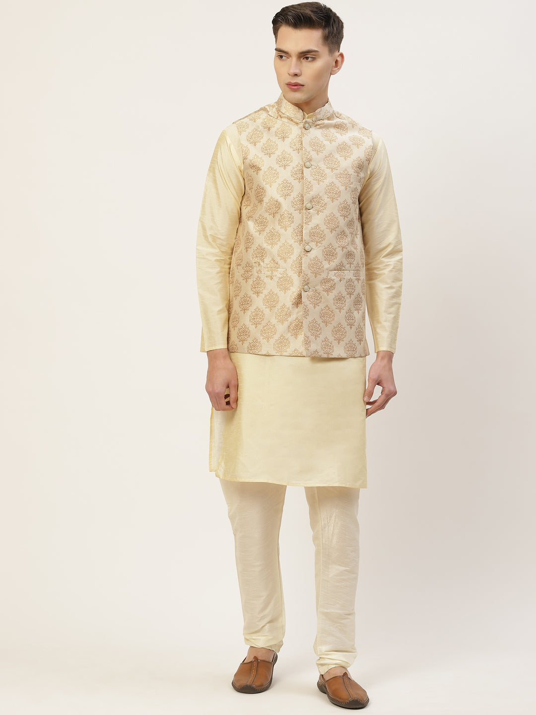 Jompers Men's Beautiful Cream Printed Nehru Jacket