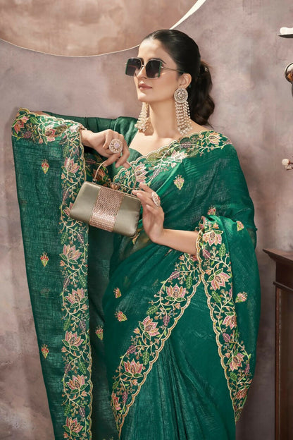 Vastranavya Gold Crunchy Multi Colour Threads Embroidery Work with Sequins Work Saree with Blouse material - Green