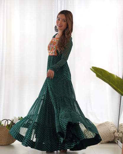 Lehenga Mart Bottle Green Faux Georgette Laheriya Print Fully Flair Anarkali Gown For Navratri