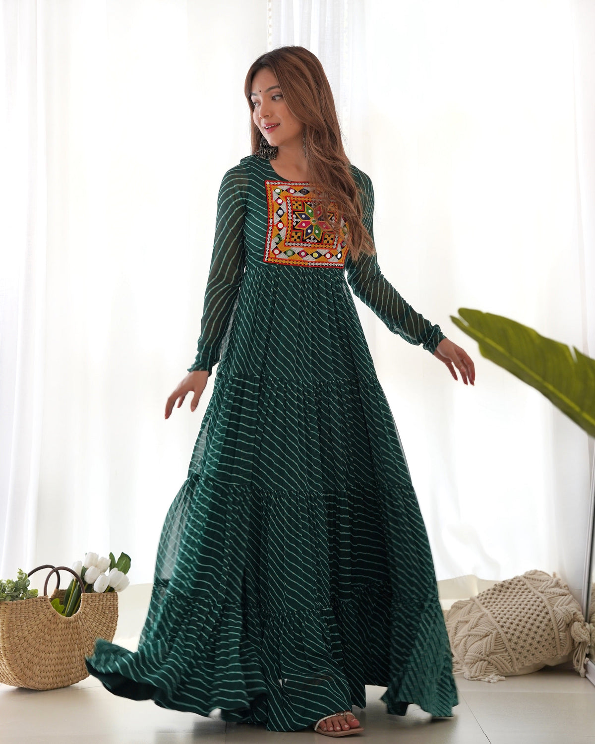 Lehenga Mart Bottle Green Faux Georgette Laheriya Print Fully Flair Anarkali Gown For Navratri