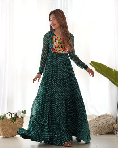 Lehenga Mart Bottle Green Faux Georgette Laheriya Print Fully Flair Anarkali Gown For Navratri