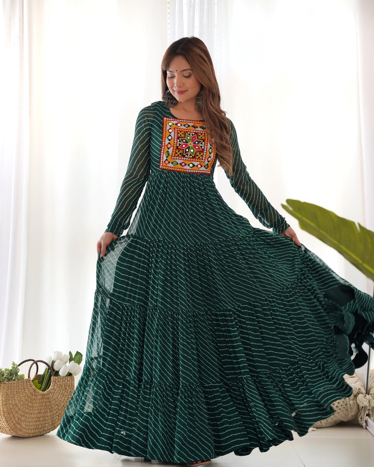 Lehenga Mart Bottle Green Faux Georgette Laheriya Print Fully Flair Anarkali Gown For Navratri