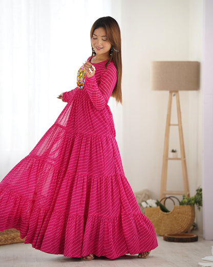 Lehenga Mart Rani Pink Faux Georgette Laheriya Print Fully Flair Anarkali Gown For Navratri