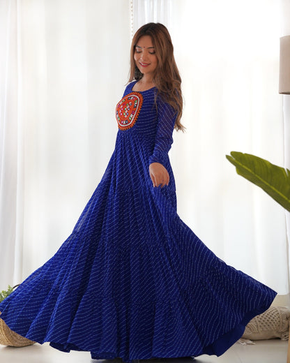 Lehenga Mart Royal Blue Faux Georgette Laheriya Print Fully Flair Anarkali Gown For Navratri