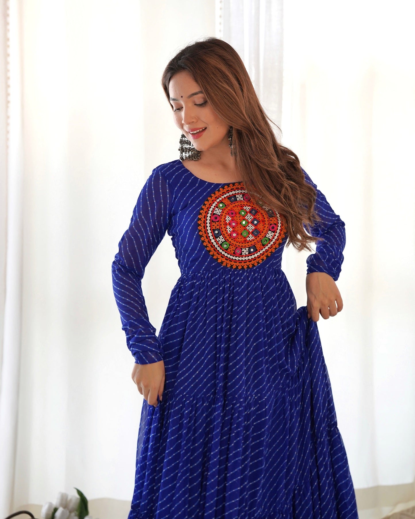 Lehenga Mart Royal Blue Faux Georgette Laheriya Print Fully Flair Anarkali Gown For Navratri