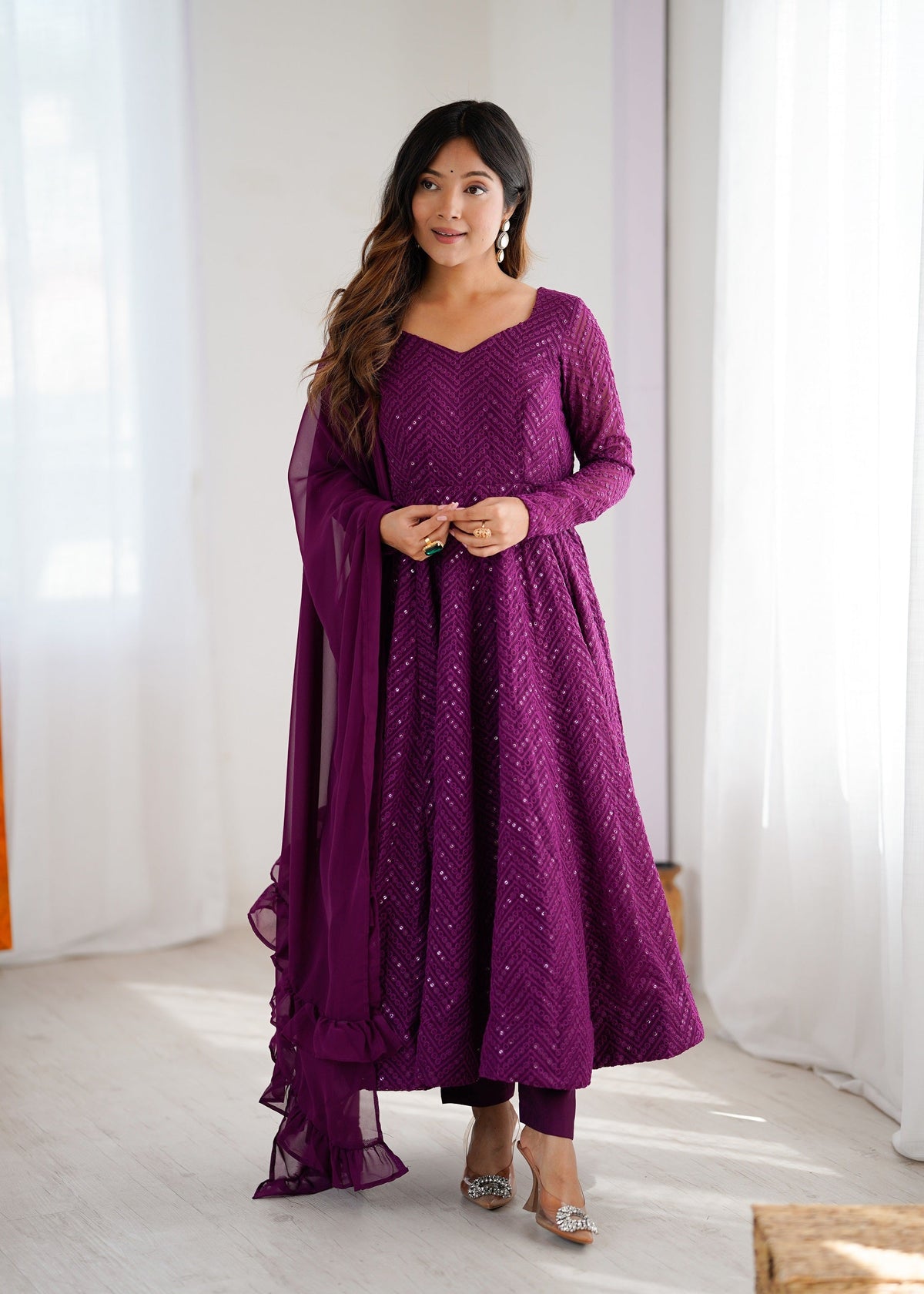 Lehenga Mart Wine Faux Georgette Classic Lukhnowi Georgette Fabric Anarkali Suit Set