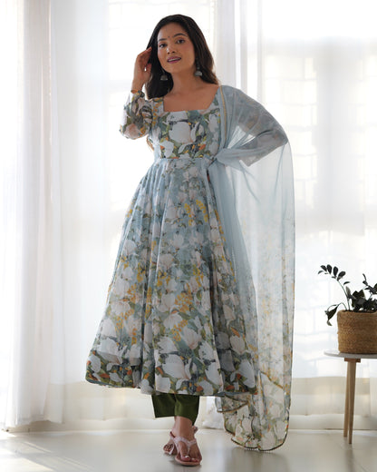 Lehenga Mart Multi Color Organza Silk Designer Organza Silk Floral Printed Anarkali Gown Suit