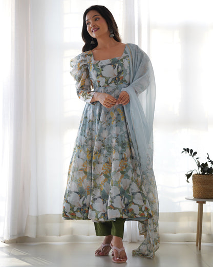 Lehenga Mart Multi Color Organza Silk Designer Organza Silk Floral Printed Anarkali Gown Suit