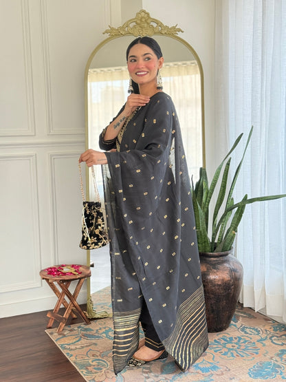 The52 Women's Black Embroidered Cotton Slub Fabric Straight Kurta, Pant and Dupatta Set