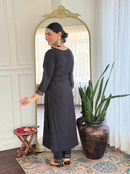 The52 Women's Black Embroidered Cotton Slub Fabric Straight Kurta, Pant and Dupatta Set