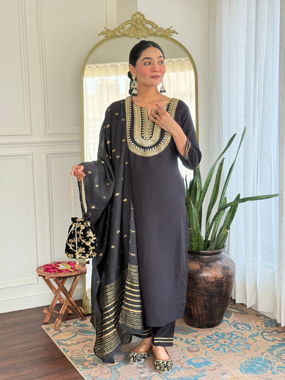 The52 Women's Black Embroidered Cotton Slub Fabric Straight Kurta, Pant and Dupatta Set