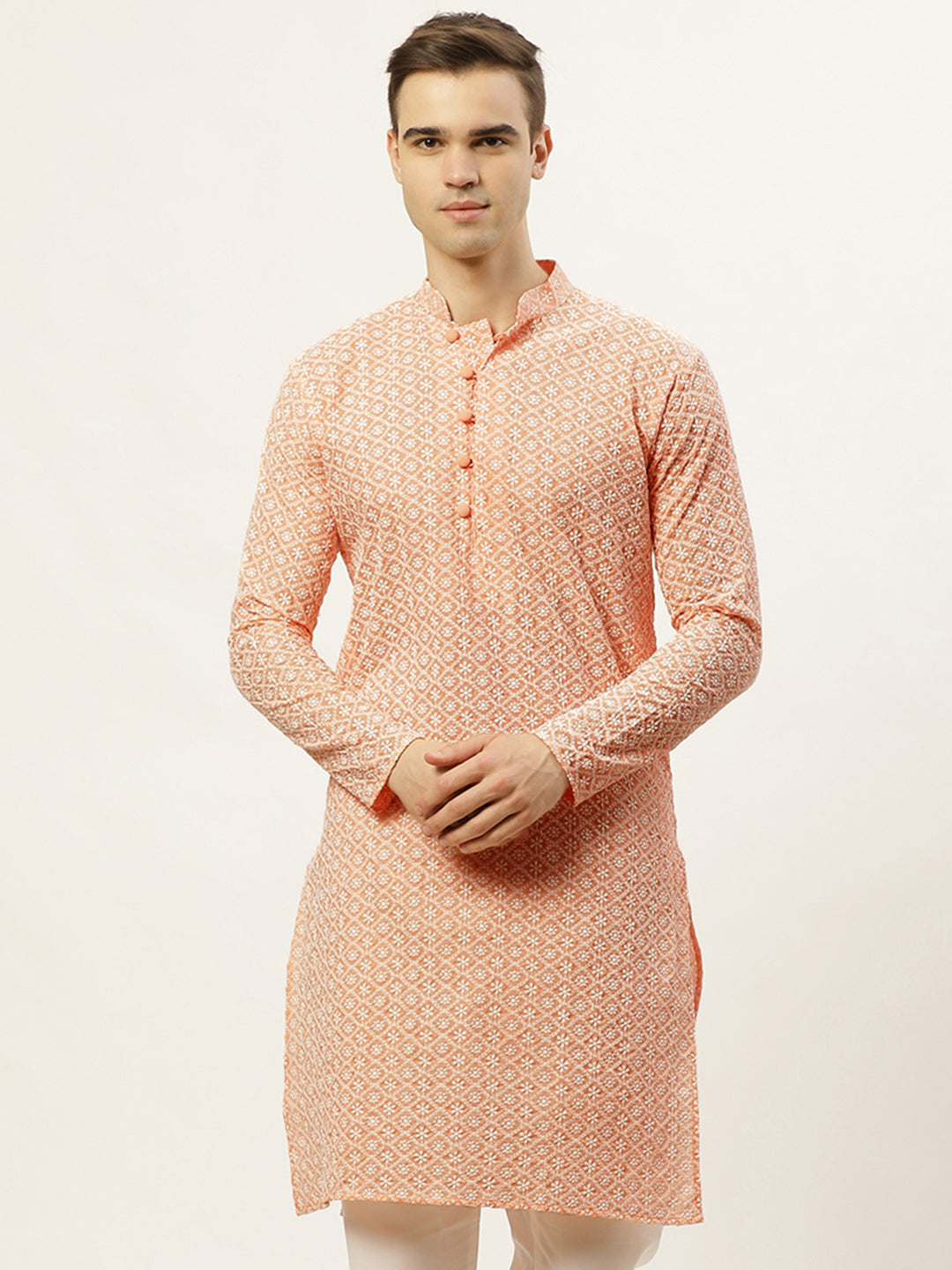 Jompers Men's Orange Embroidered Kurta Only