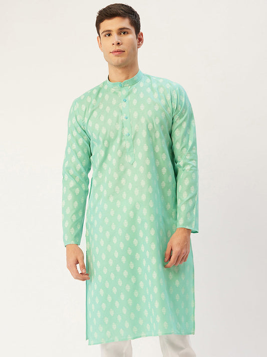 Jompers Men's Green Cotton Floral printed kurta Only