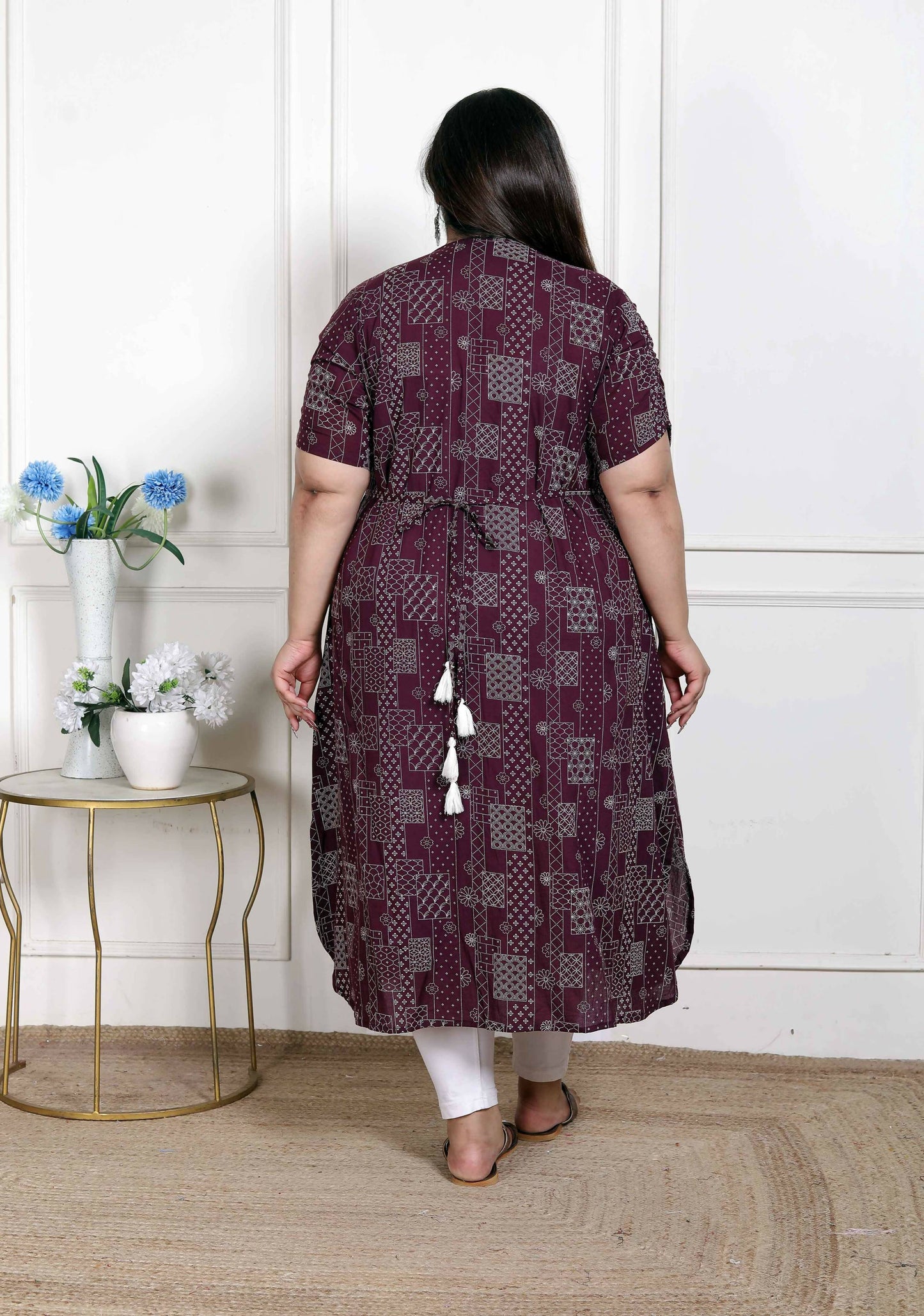 Miravan Women's Plus Size Wine Mandarin Neck Floral Printed A-Line Party wear Kurta