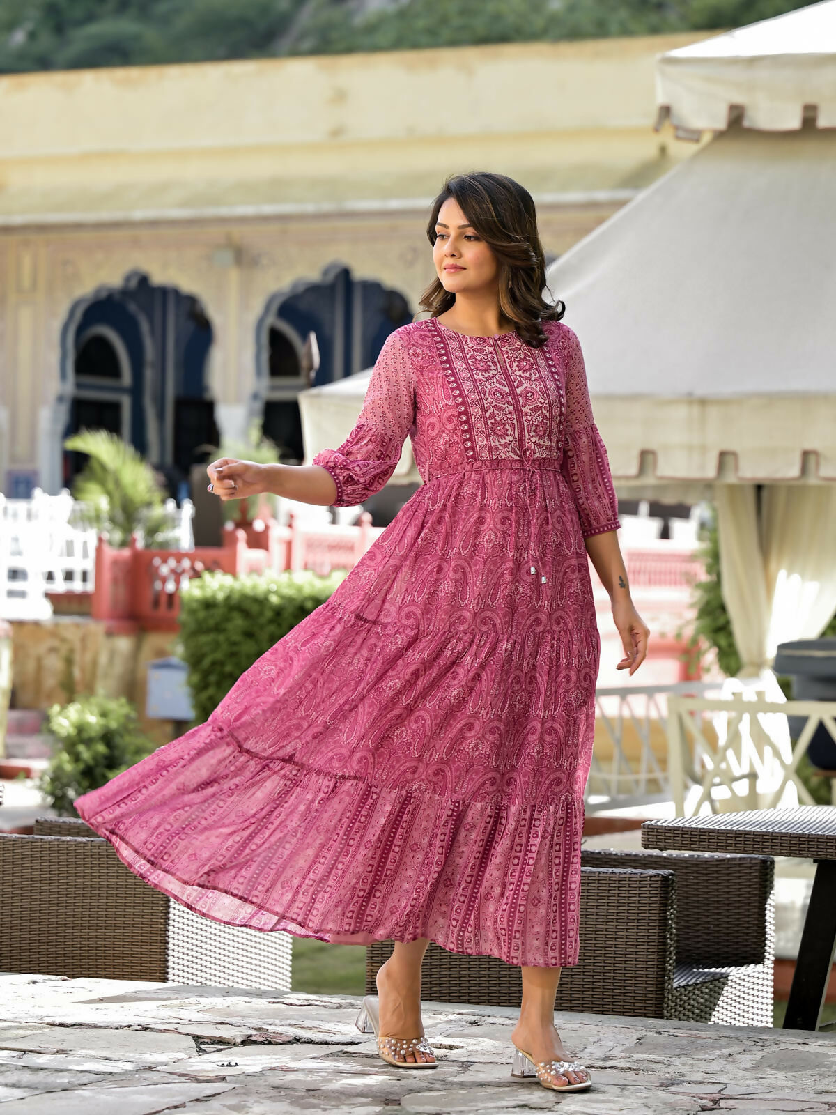 Juniper Women's Onion Pink Ethnic Motif Printed Georgette Gathers Maxi Dress With Sequins & Doris