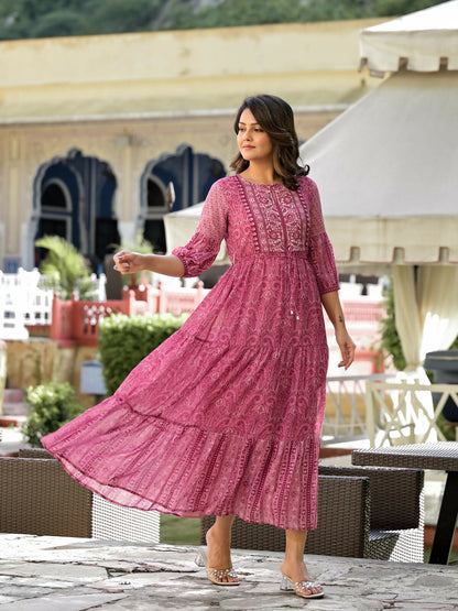 Juniper Women's Onion Pink Ethnic Motif Printed Georgette Gathers Maxi Dress With Sequins & Doris